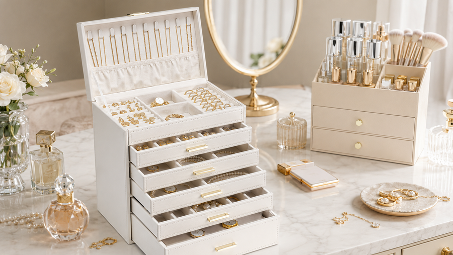 VLANDO white jewelry organizer and makeup storage on a marble vanity with gold jewelry and perfumes.
