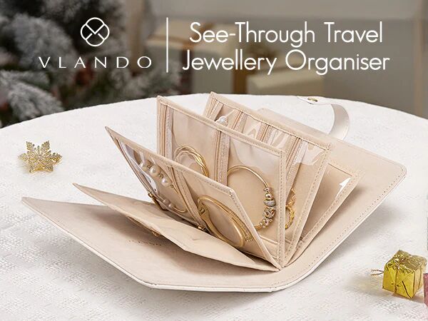 VLANDO see-through travel jewelry organizer with removable zippered pages for necklaces, rings and bracelets.