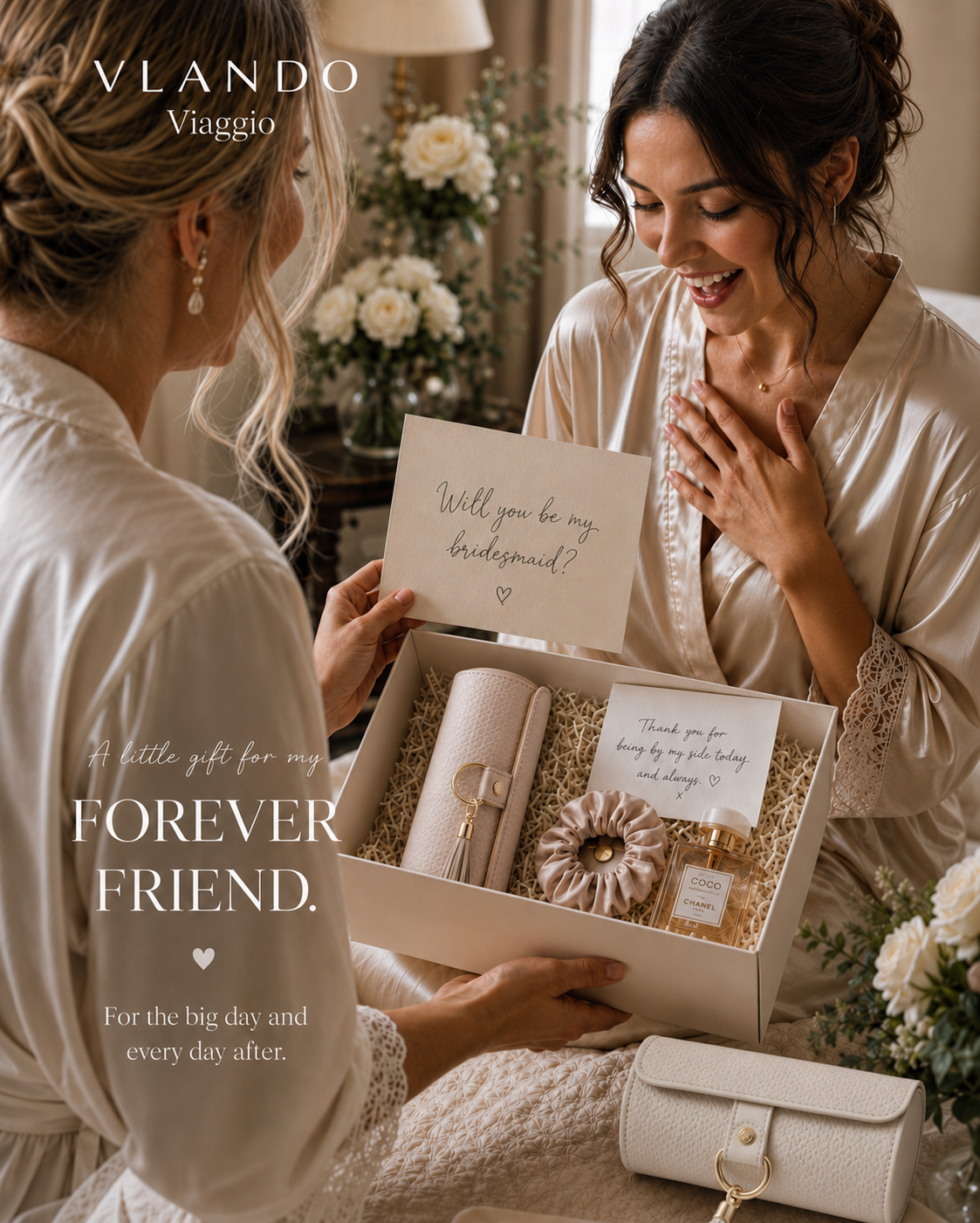 Bride receives a VLANDO Viaggio travel jewelry case as a thoughtful bridesmaid gift.