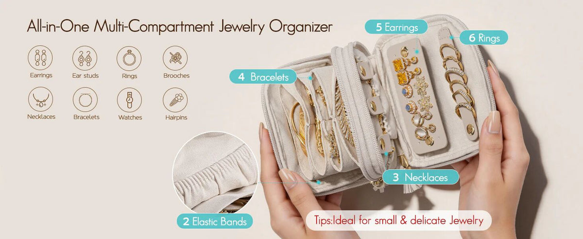 Vlando travel jewelry organizer with multi-compartments for storing earrings, rings, and necklaces safely.