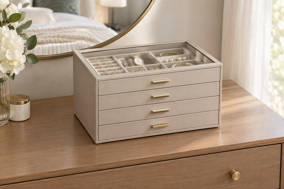 A jewelry organizer sits on a dresser with a small selection of everyday pieces arranged visibly inside.