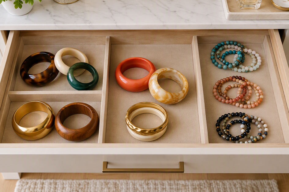 Chunky bangles and beaded bracelets arranged in separate open compartments inside a wide vanity drawer