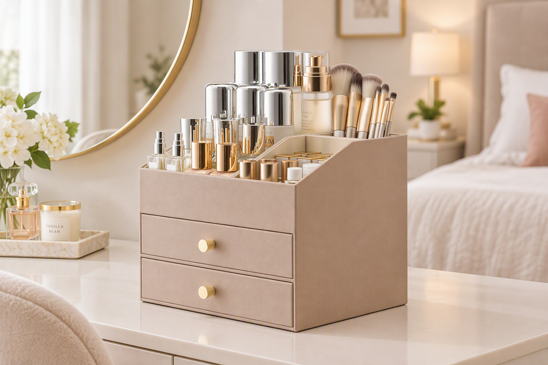 Vanity organizer holding makeup, skincare bottles, brushes, and daily beauty items on a clean bedroom vanity