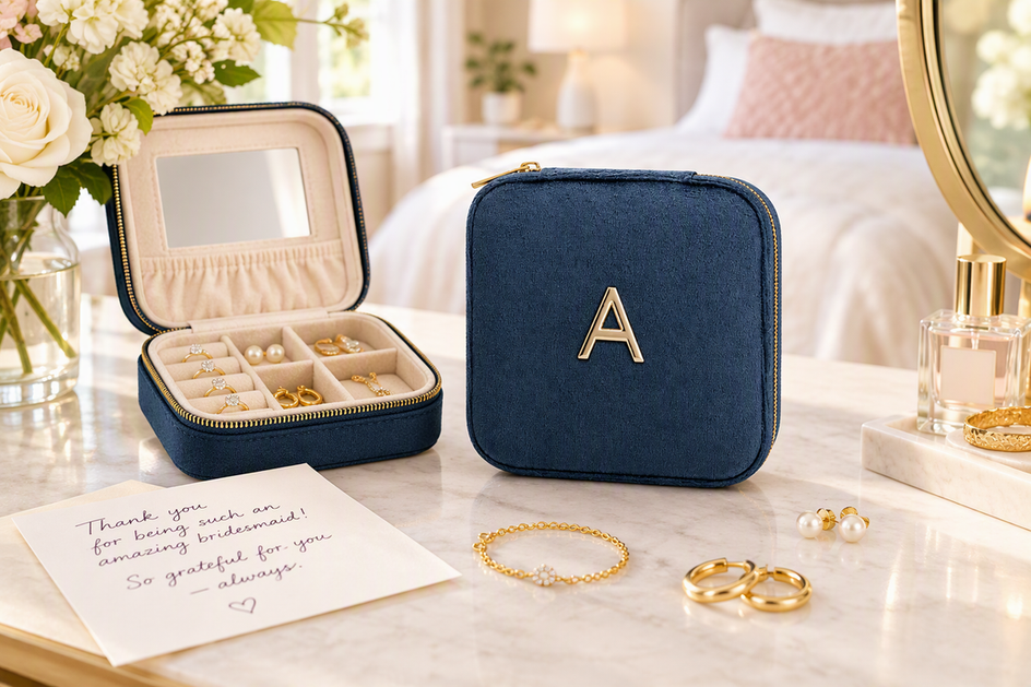 Personalized travel jewelry case presented as a useful bridesmaid thank-you gift beside a handwritten note and a few pieces of jewelry