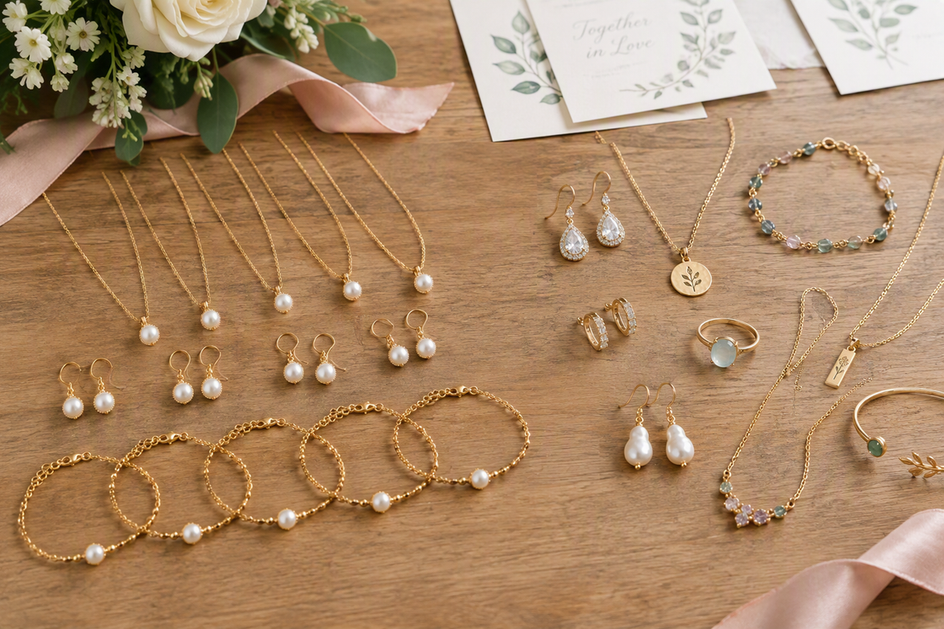 Bridesmaid jewelry gifts arranged as coordinated matching pieces alongside personalized options on a wedding-planning table