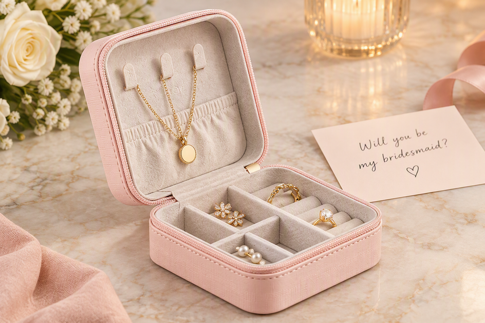Open compact jewelry box holding a necklace, earrings, ring, and handwritten proposal note in separate sections