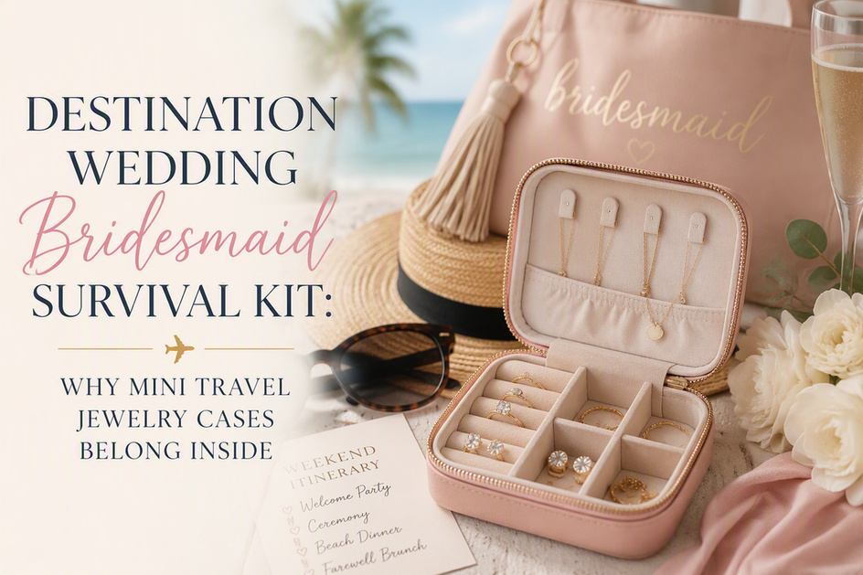 Travel jewelry case arranged for a destination wedding bridesmaid