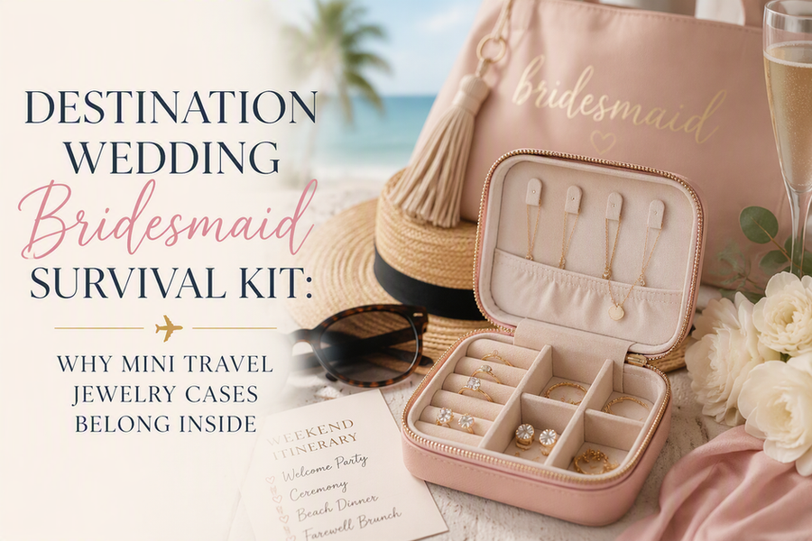 Travel jewelry case arranged for a destination wedding bridesmaid