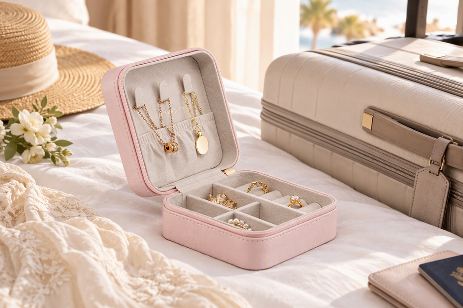 Open travel jewelry case with wedding rings, earrings, and a necklace arranged beside a carry-on for a destination wedding