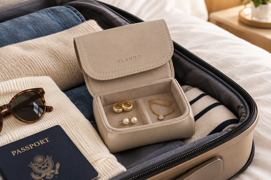 Travel jewelry organizer resting open inside a carry-on beside neatly separated jewelry for a flight