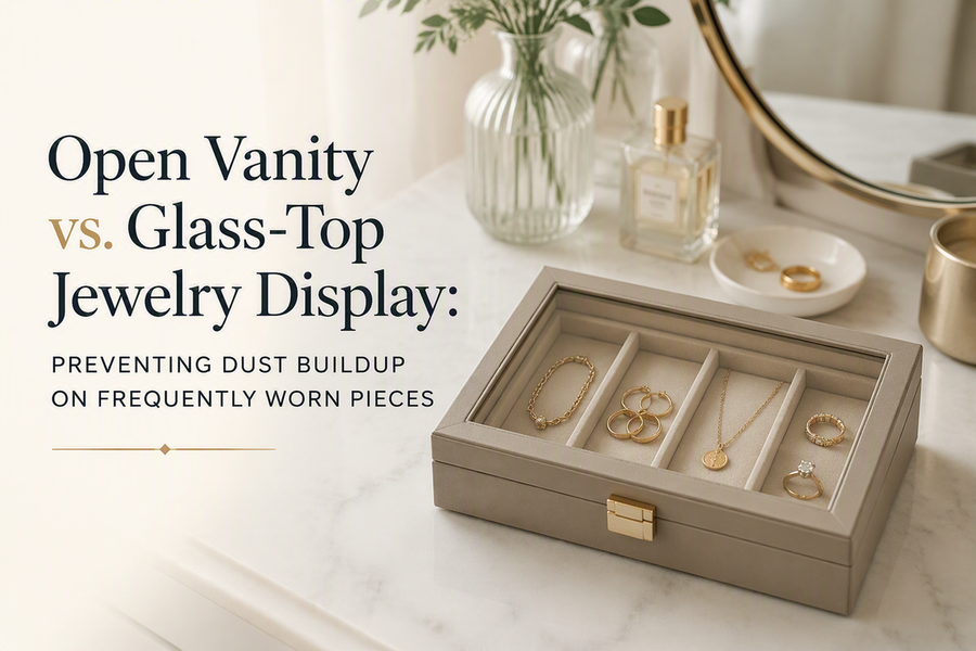 Closed glass-lid jewelry box arranged on a clean vanity with a few frequently worn pieces visible through the lid