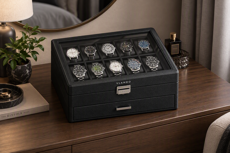 Watch display case with watches visible through its lid on a shaded dresser in a tidy room