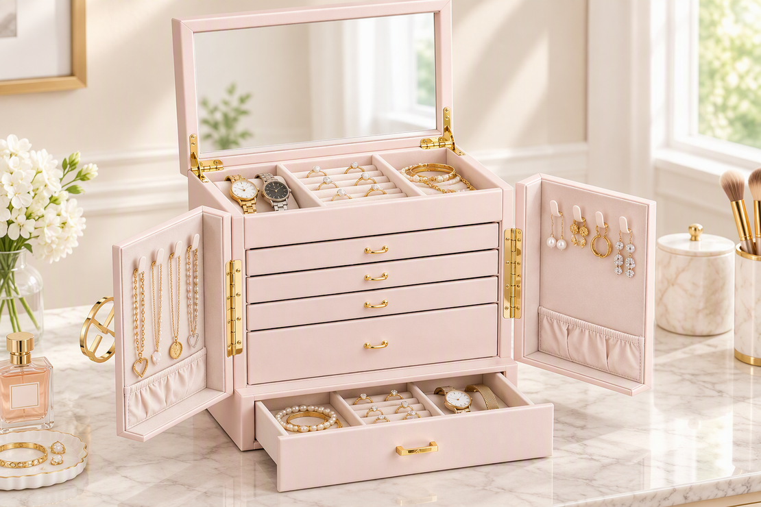 A jewelry organizer arranged neatly on a vanity with necklaces, rings, earrings, bracelets, and watches visible in separate sections