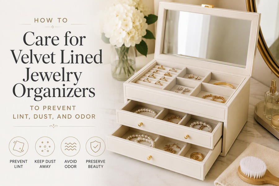 Cream-white jewelry organizer with a glass lid, drawers, and velvet-lined compartments arranged neatly on a vanity.