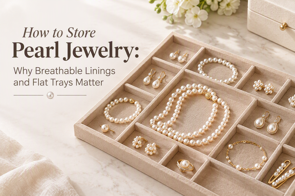 Latte beige jewelry tray with divided compartments holding pearl earrings, a pearl necklace, and other jewelry