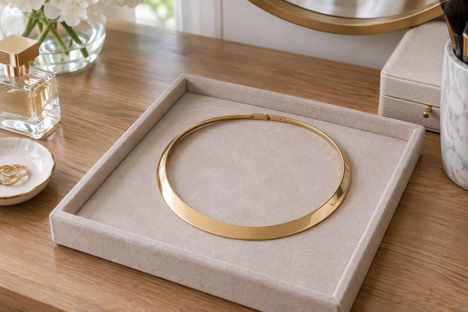 Rigid collar necklace resting in its natural curve on a jewelry tray beside a vanity