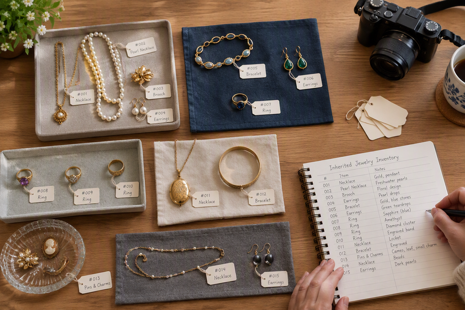 Inherited jewelry arranged with inventory tags, a camera, and a notebook on a clear sorting workspace