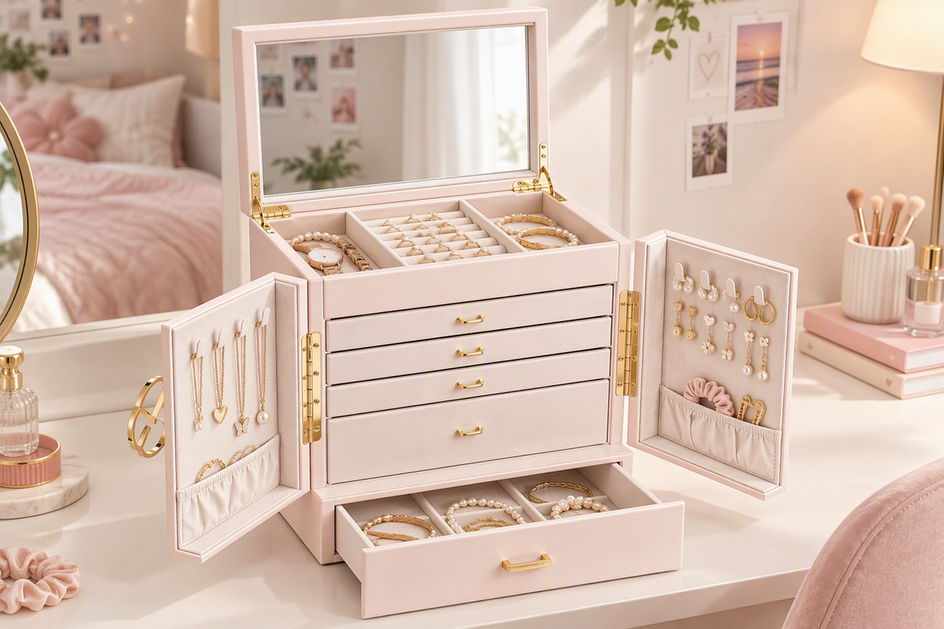 Open jewelry organizer styled on a teen's vanity with jewelry arranged in its compartments and mirror visible above it.