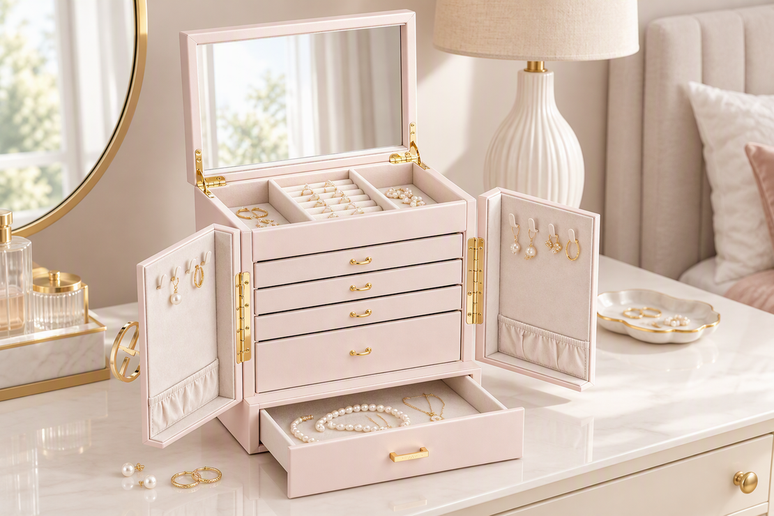 Mirrored jewelry box with drawers open on a dresser, with earrings and a necklace arranged beside its built-in mirror.