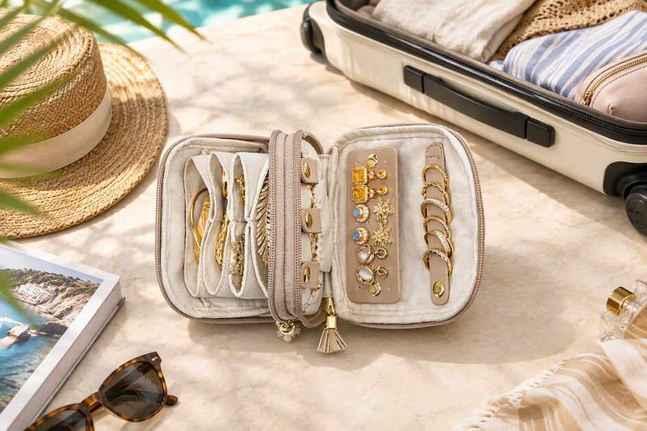 Open travel jewelry organizer with separated jewelry pieces beside a compact carry-on in a bright resort setting.