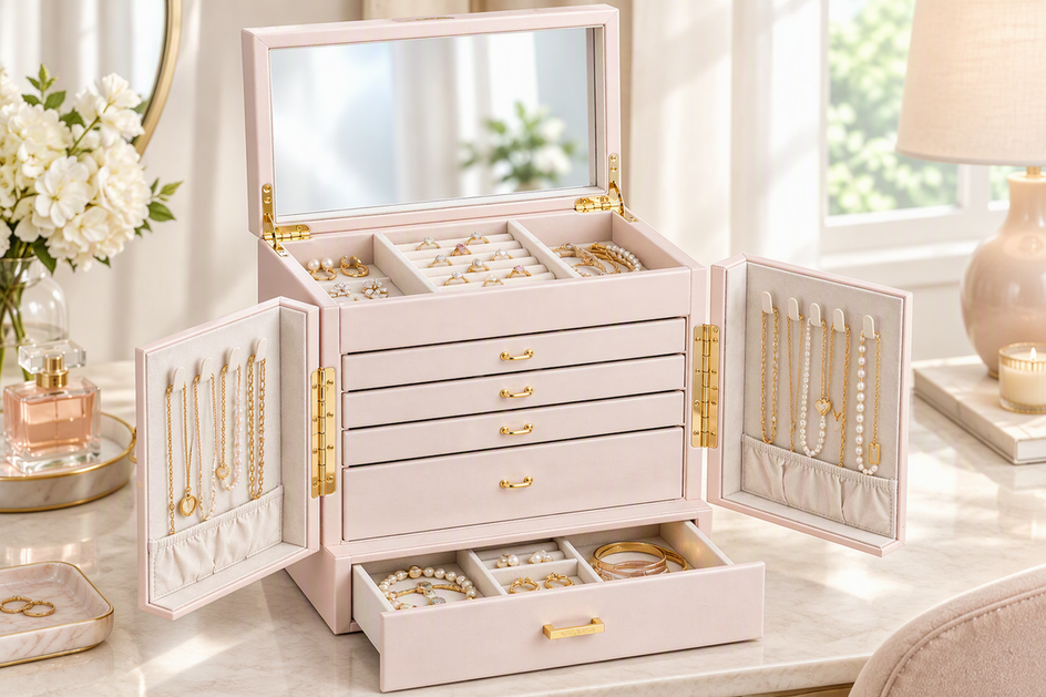 Open jewelry box organizer on a dresser with separated jewelry pieces arranged in its compartments and a mirror reflecting the setup