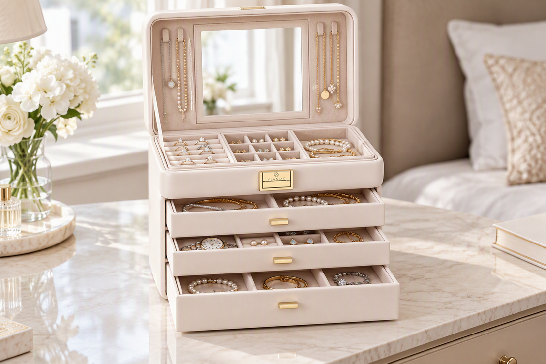 Leather jewelry box organizer with drawers, mirror, hooks, ring slots, and separated jewelry compartments on a tidy vanity