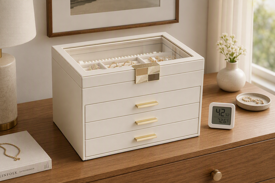 Jewelry organizer with separated pieces on a dry bedroom dresser beside a humidity monitor