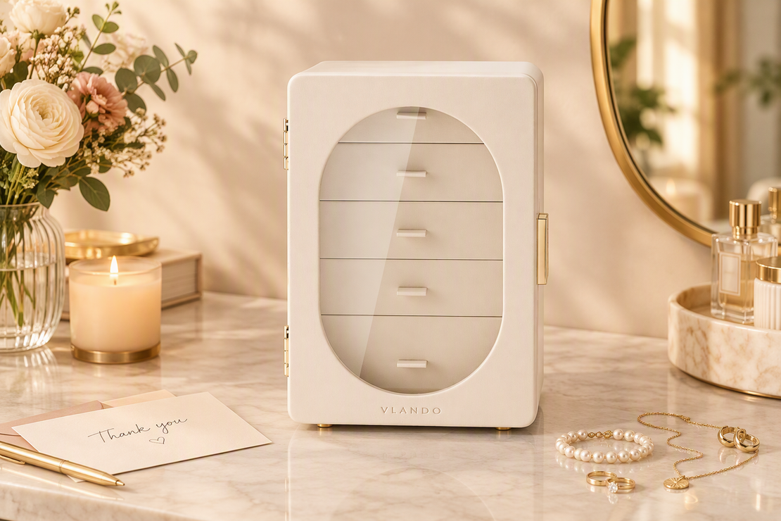 Jewelry box organizer styled with a handwritten thank-you note and a few pieces of jewelry on a gift-ready vanity.