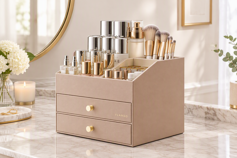 Vanity makeup organizer arranged on a countertop with everyday cosmetics in the open top area and additional products stored in its drawers