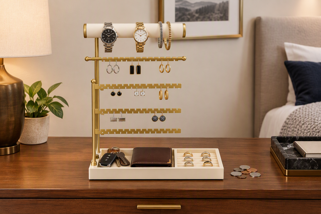 Men’s dresser valet organizer arranged with a watch, rings, cufflinks, keys, wallet, and coins on a clean bedroom dresser