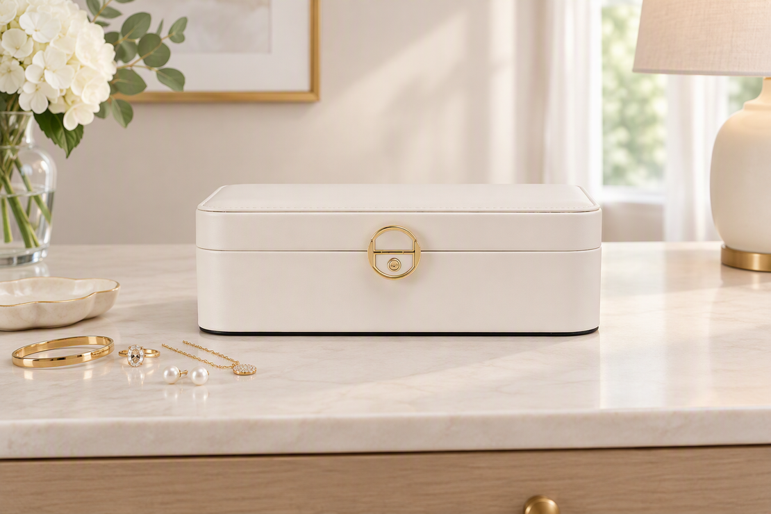 Two-layer jewelry organizing box arranged with a small capsule collection of everyday jewelry on a clean dresser