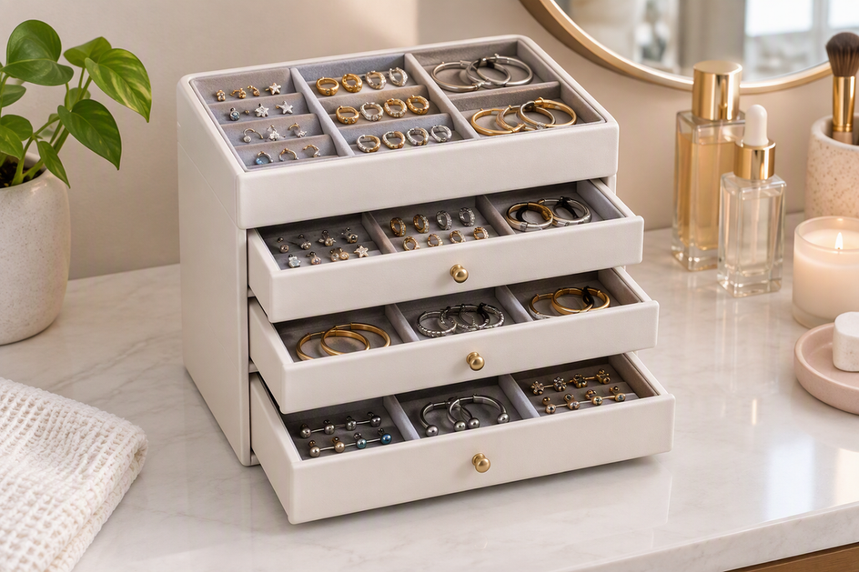 Small jewelry organizer on a vanity with nose rings, cartilage huggies, hoops, and other body jewelry sorted into separate sections.