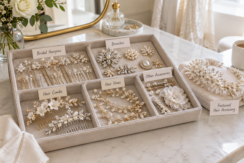 Bridal hairpins, brooches, and other wedding accessories arranged as one labeled kit in a getting-ready room