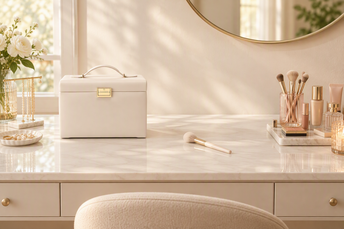 A shared vanity arranged with a closed jewelry organizer, makeup supplies, and an open center area for shared tools.