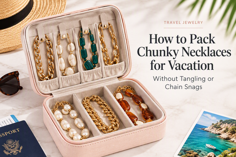 Open travel jewelry organizer displaying separated chunky statement necklaces in dedicated sections
