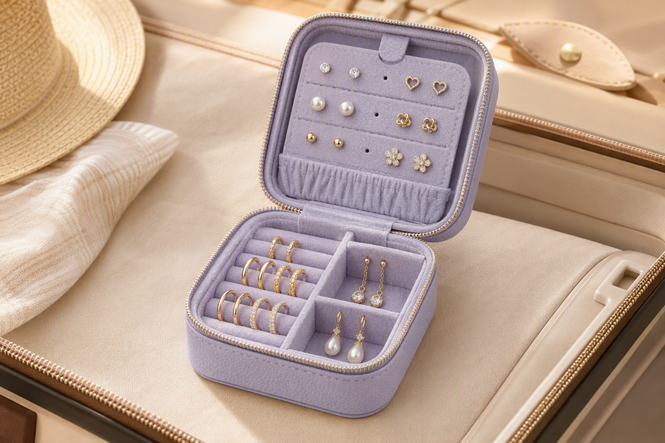 Open travel jewelry organizer displaying mounted stud pairs and separated hoop and dangling earrings in different compartments