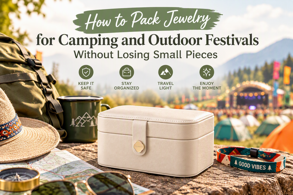 Closed travel jewelry case presented as a compact solution for organizing jewelry on a camping festival trip
