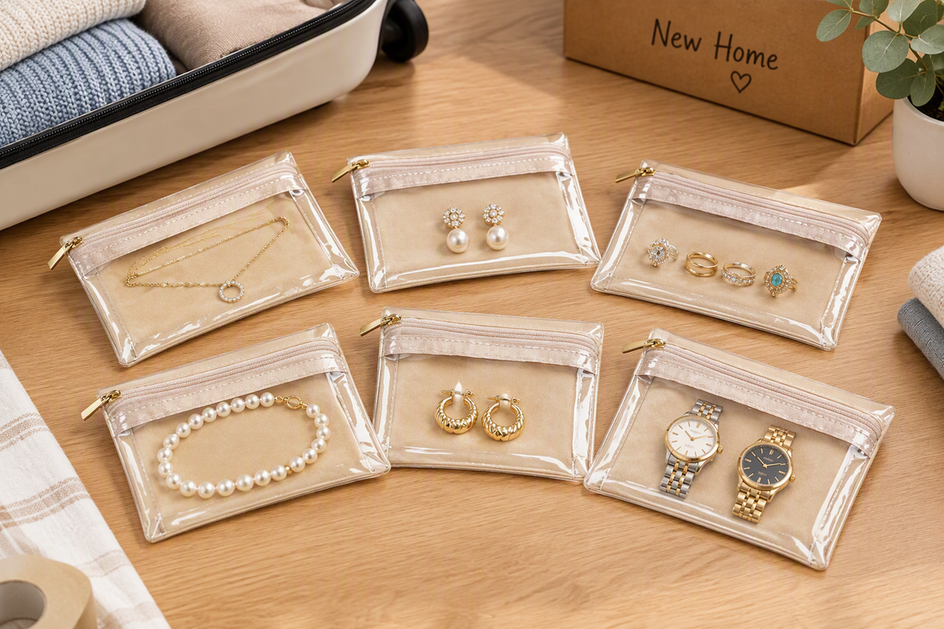 Travel jewelry organizer pouches arranged with separated necklaces, earring pairs, rings, and watches for a move