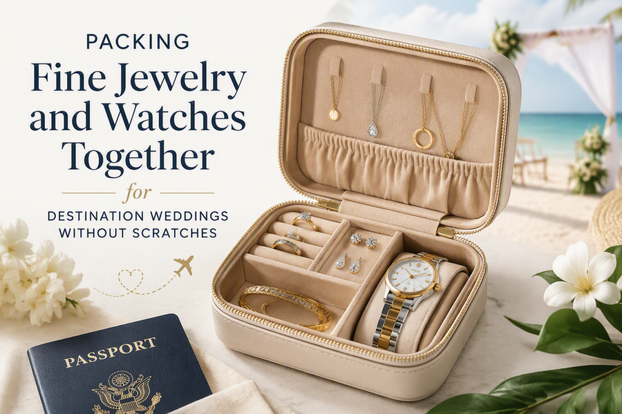 Travel jewelry case for keeping wedding rings, necklaces, earrings, and other fine jewelry separated during transit