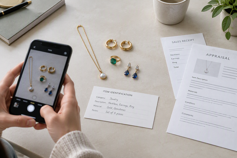 Jewelry pieces arranged beside a camera, inventory card, and supporting paperwork on a clean table