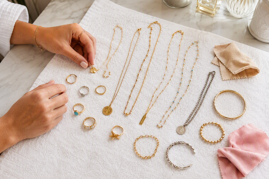 Jewelry pieces being separated and checked on a clean towel after a beach vacation