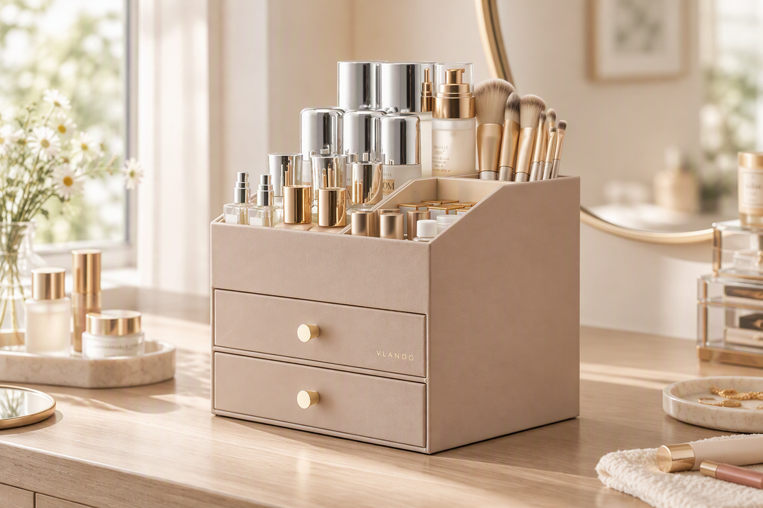 Makeup organizer arranged with cosmetics for a quarterly clean, condition check, declutter, and refill
