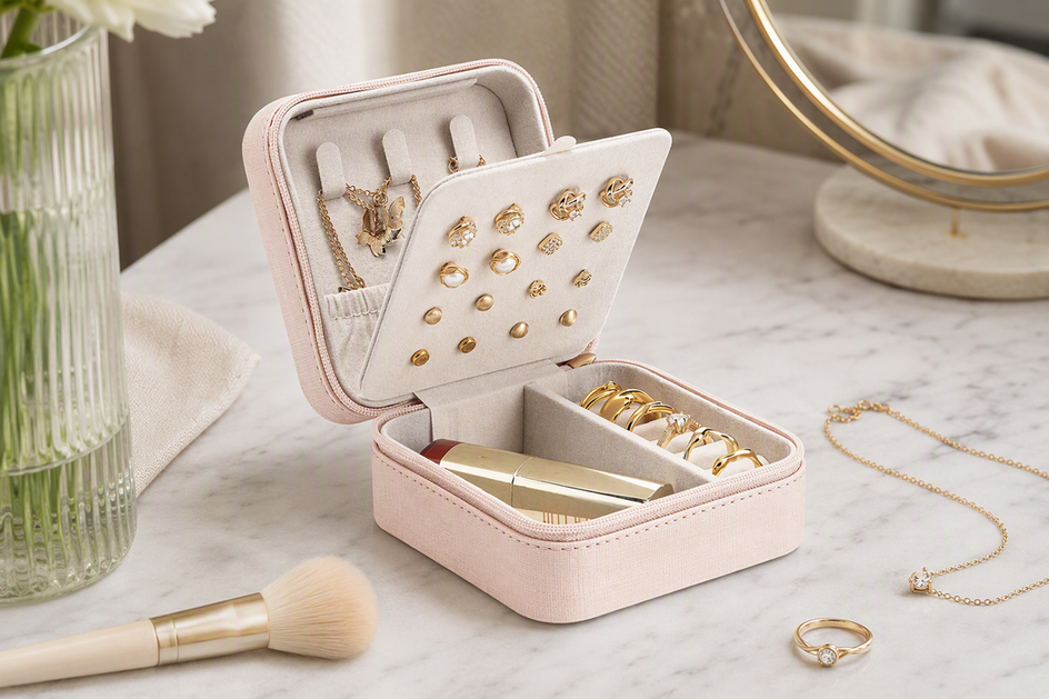 Open jewelry box with a visibly flattened flocked insert, soft brush, and jewelry arranged nearby on a clean surface
