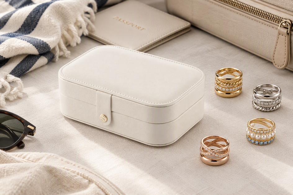 Closed portable jewelry case beside several neatly separated ring stacks on a travel packing surface