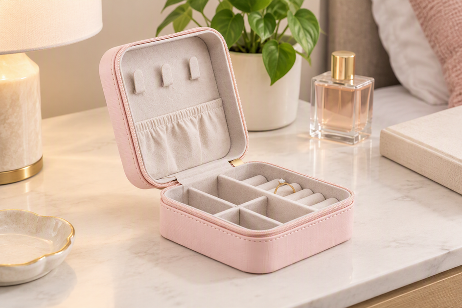 Portable ring holder case open beside a ring at a tidy home landing station