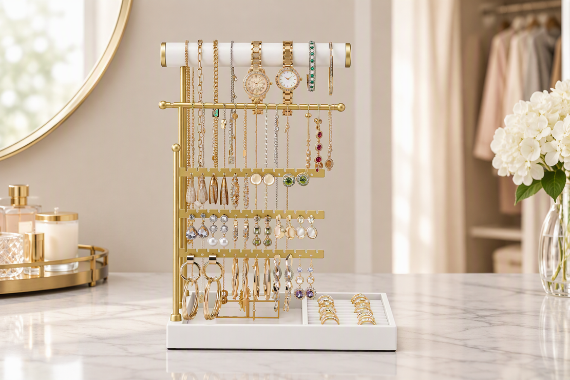 Jewelry stand displaying a small active rotation of necklaces, earrings, rings, and bracelets on a dresser beside everyday wardrobe essentials