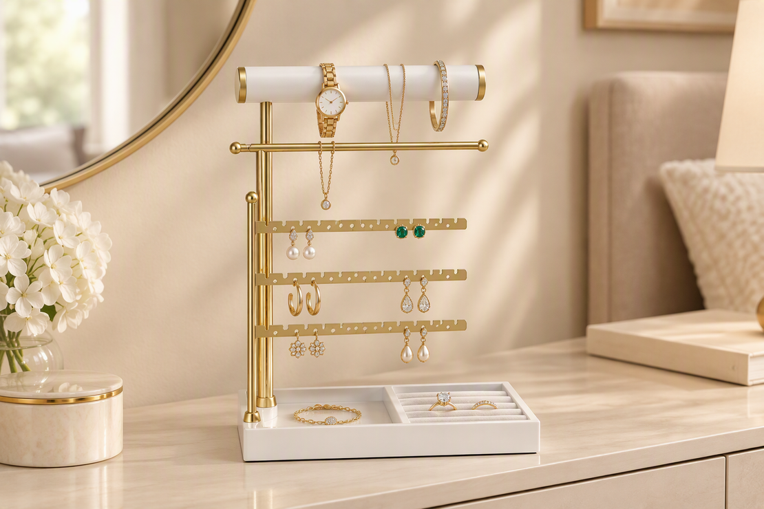 Jewelry stand on a dresser with five everyday pieces arranged in separate visible positions
