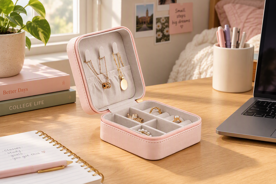 Compact jewelry case arranged on a dorm desk beside a small stack of personal items