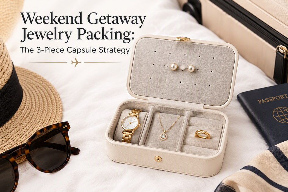 Open travel jewelry case with three pieces of jewelry arranged for a weekend trip