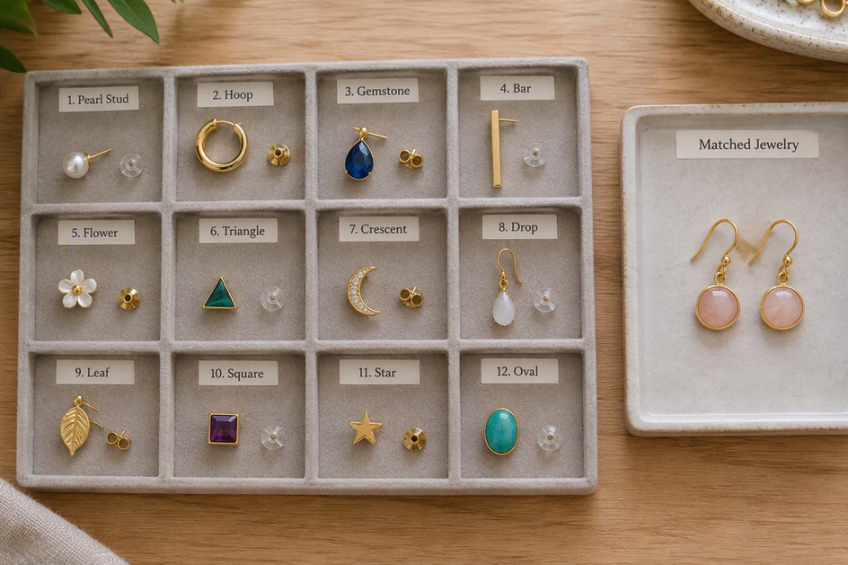 Mismatched earrings arranged in separate labeled spots beside matched jewelry, with loose backs kept alongside them.